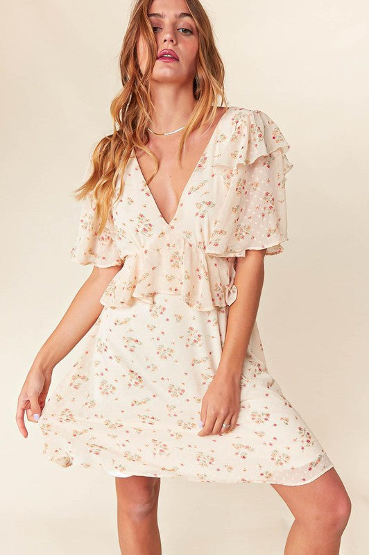 Oatmeal Chiffon Swiss Dot Floral V Neck Woven Dress