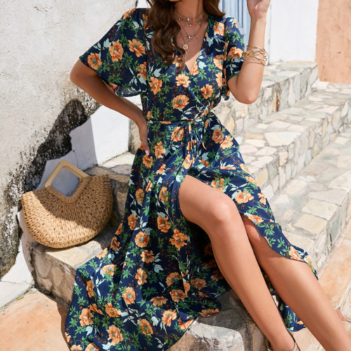 Women Wrap Style Summer Floral Dress With Ruffles