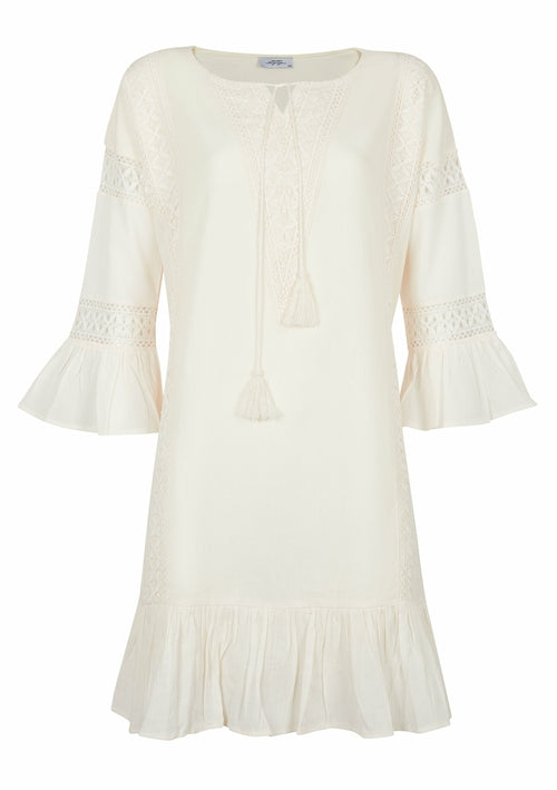 Paradiso Tunic Dress is spliced with romantic lacework. Made from breezy cotton-gauze, it’s cinched in the back to define the relaxed silhouette, has ruffles at the cuffs and the hem. Wear yours on vacation with sandals or mid-heeled shoes.